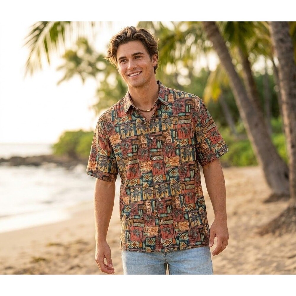 Tori Richard Hawaiian Shirt Large L Cotton Lawn Palm Tree Geometric Aloha Short